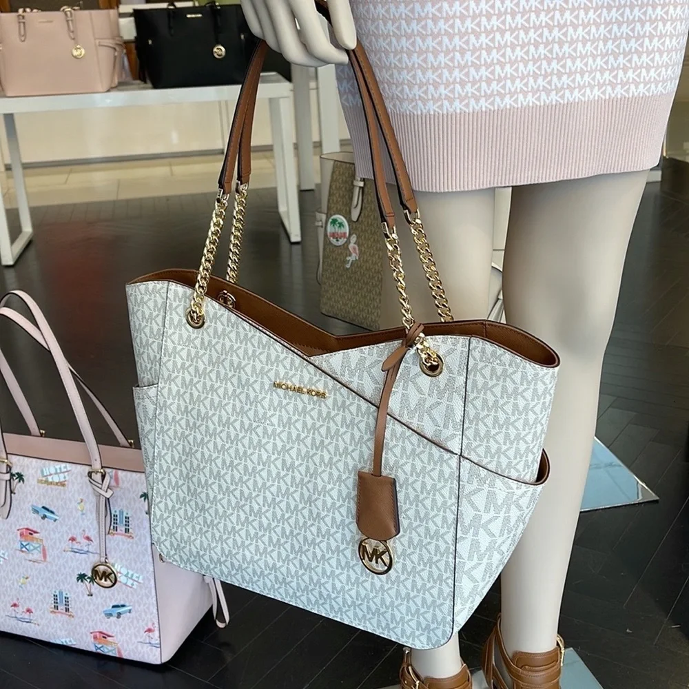 Michael Kors Jet Set Travel Large Chained Tote Shoulder Bag MK Vanilla NWT